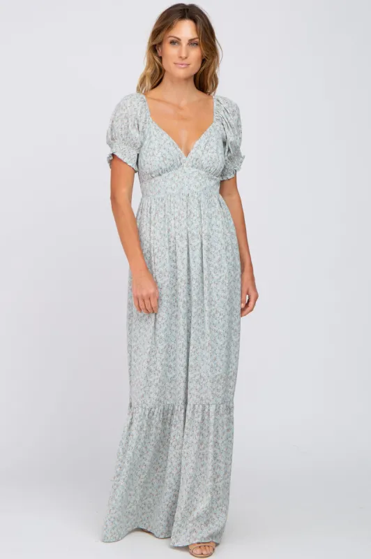 Mint Green Floral V-Neck Puff Sleeve Maxi Dress sold by Pinkblush