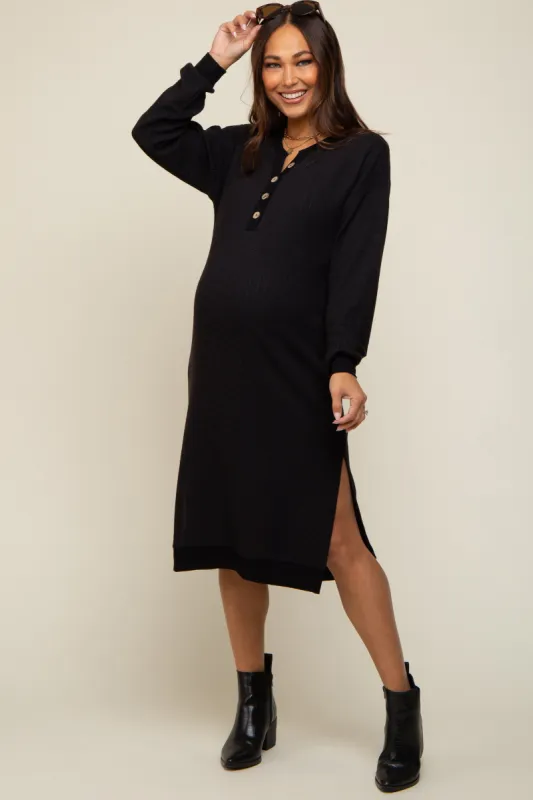 Black Waffle Knit Long Sleeve Maternity Midi Dress sold by Pinkblush