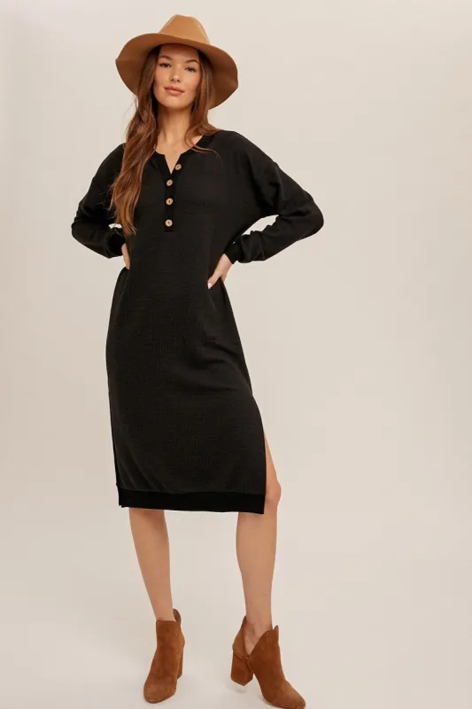 Black Waffle Knit Long Sleeve Midi Dress sold by Pinkblush
