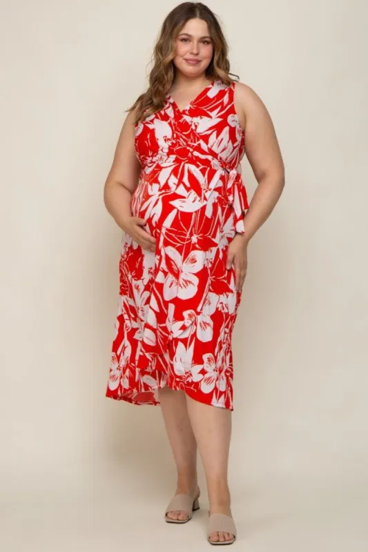 Red Flower Side Tie Maternity Plus Wrap Dress sold by Pinkblush