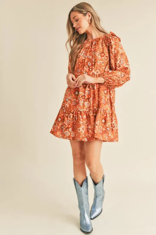 Caramel Multi Floral Print Tiered Mini Dress sold by Pinkblush