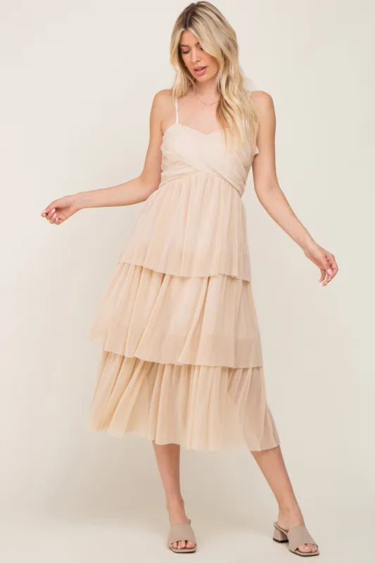 Beige Pleated Tiered Midi Dress sold by Pinkblush