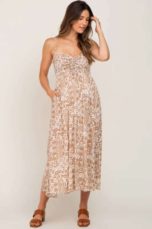 Cream Printed Sweetheart Neck Cinched Maternity Midi Dress sold by Pinkblush