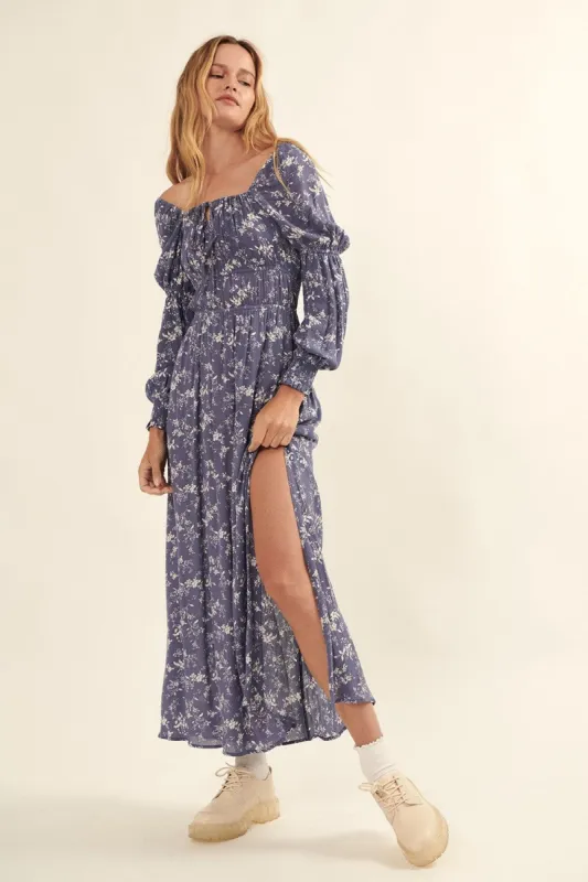 Navy Floral Square Neck Low Smock Back Maxi Dress sold by Pinkblush