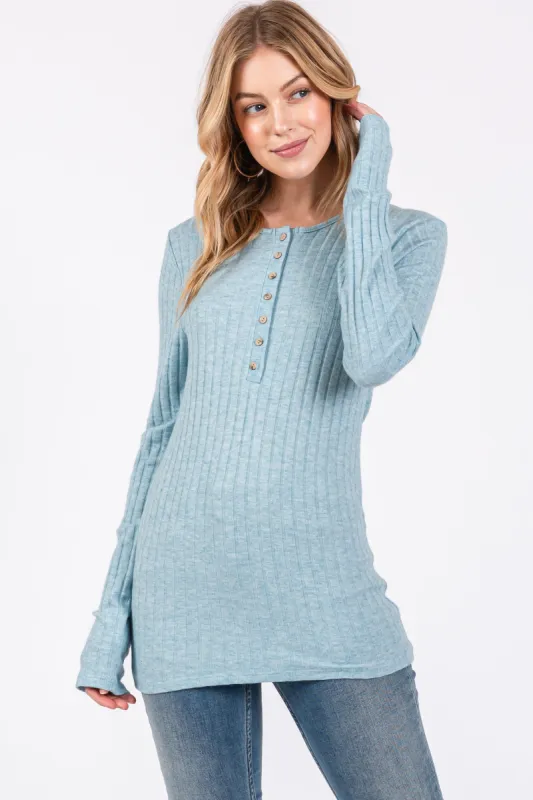 Light Teal Ribbed Knit Button Long Sleeve Top sold by Pinkblush