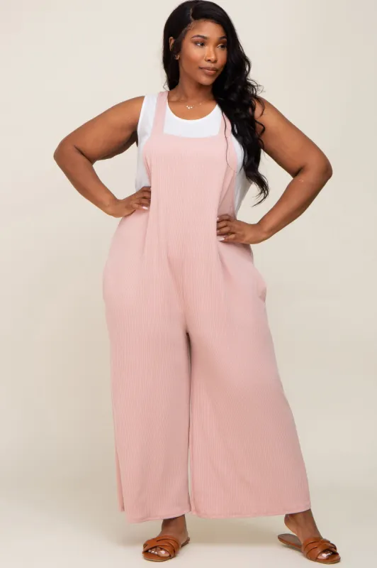 Light Pink Ribbed Plus Wide Leg Jumpsuit sold by Pinkblush