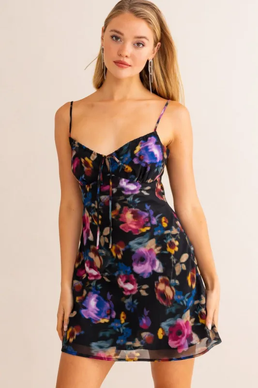 Black-Multi Floral Ruched Mini Dress sold by Pinkblush
