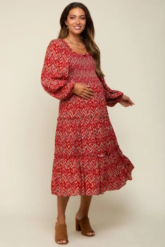Red Chevron Print Smocked Tiered Maternity Midi Dress sold by Pinkblush