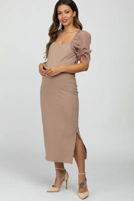 Mocha Ruched Sleeve Maternity Midi Dress sold by Pinkblush