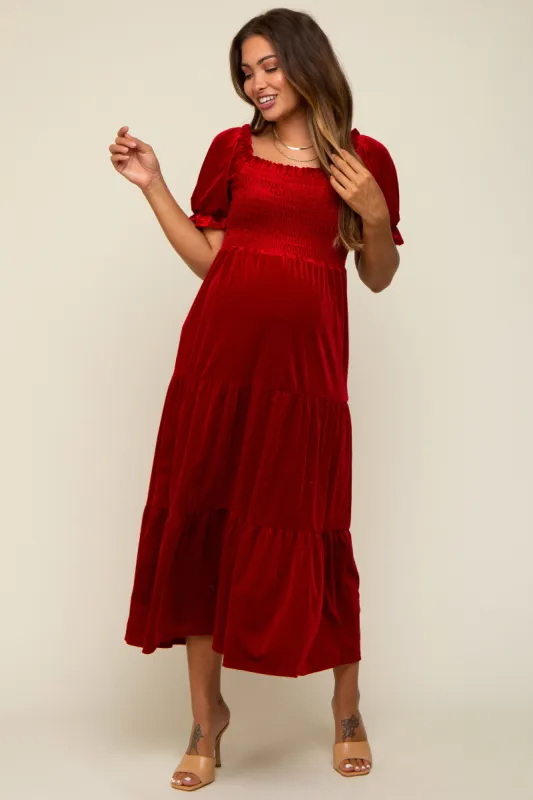 Red Velvet Tiered Maternity Midi Dress sold by Pinkblush