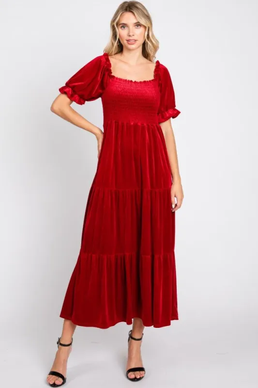 Red Velvet Tiered Midi Dress sold by Pinkblush