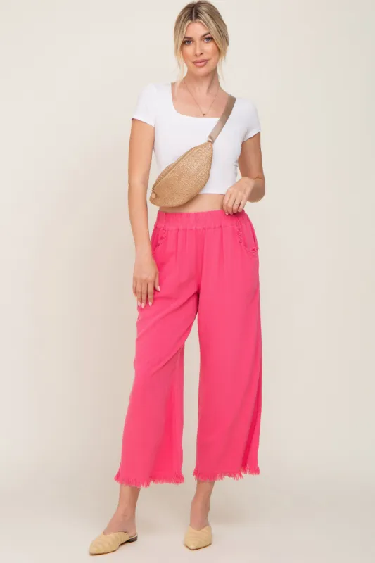 Fuchsia Linen Frayed Hem Crop Pants sold by Pinkblush