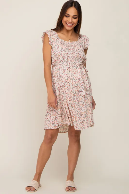 Cream Floral Flutter Sleeve Waist Tie Maternity Dress sold by Pinkblush