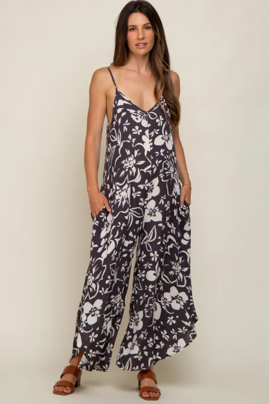 Charcoal Tropical Floral V-Neck Round Hem Maternity Jumpsuit sold by Pinkblush