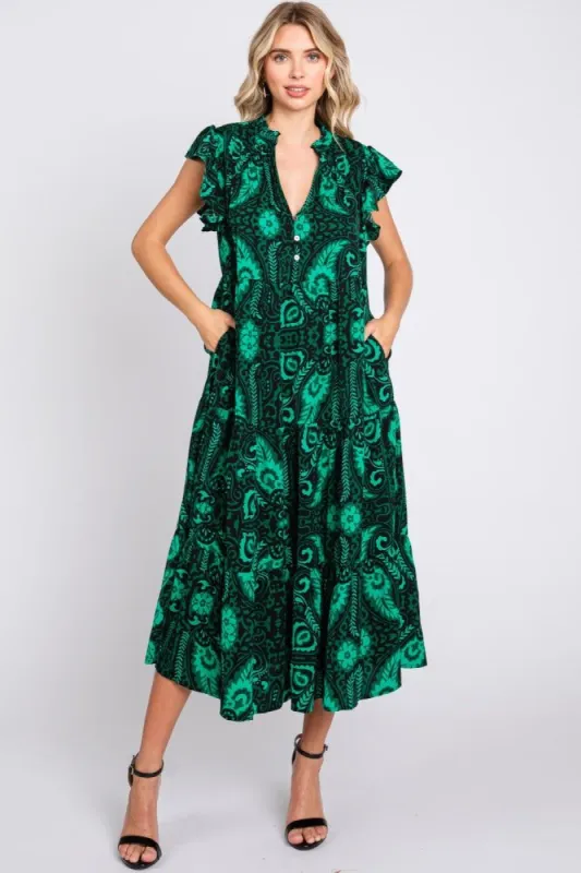 Green Paisely Flutter Sleeve Button Front Tiered Midi Dress sold by Pinkblush
