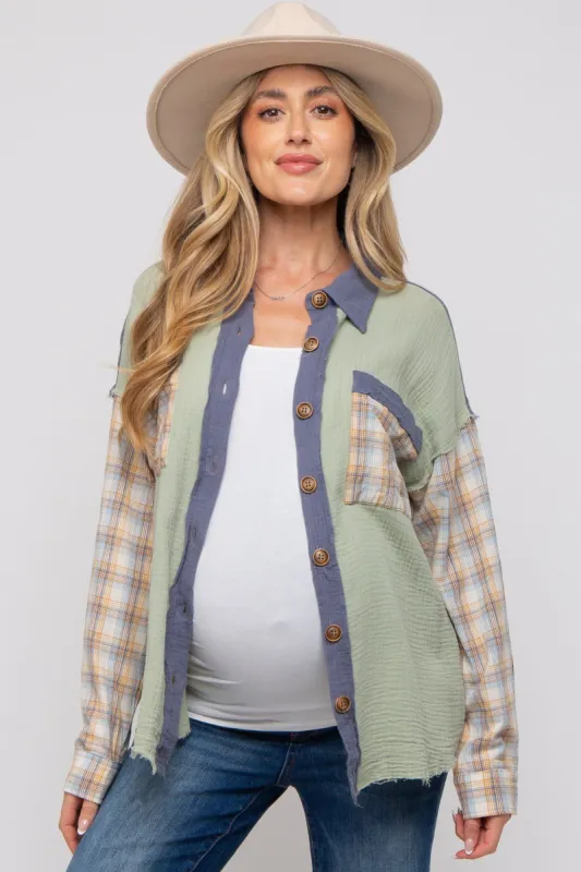 Light Olive Gauze Plaid Mix Button Up Maternity Top sold by Pinkblush