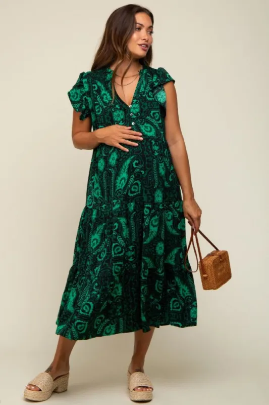 Green Paisley Flutter Sleeve Button Front Tiered Maternity Midi Dress sold by Pinkblush