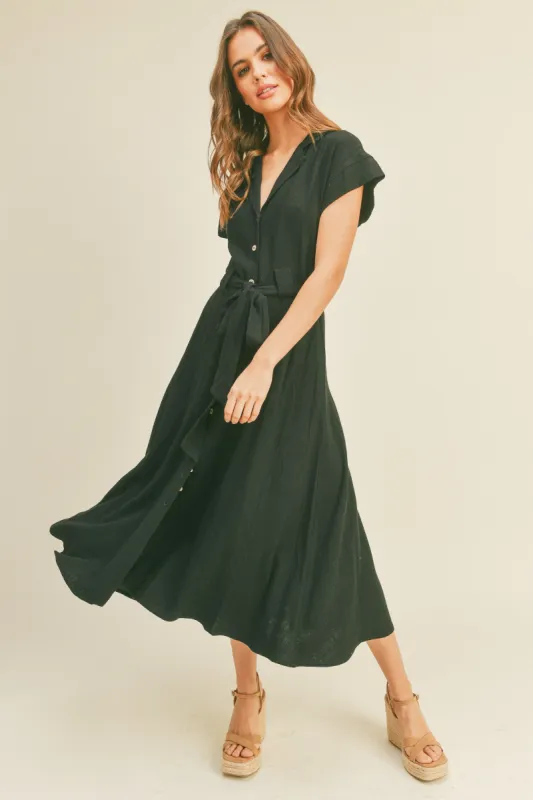 Black V-Neck Buttondown A Line Shirt Dress sold by Pinkblush