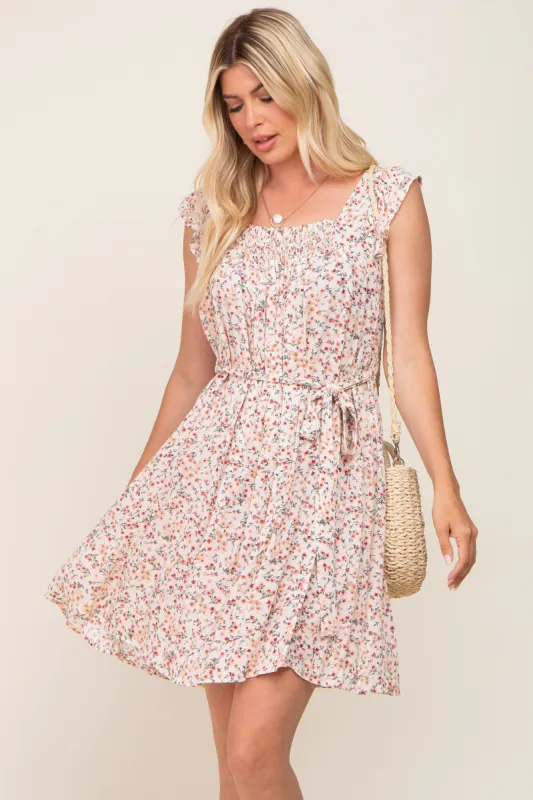 Cream Floral Flutter Sleeve Waist Tie Dress sold by Pinkblush