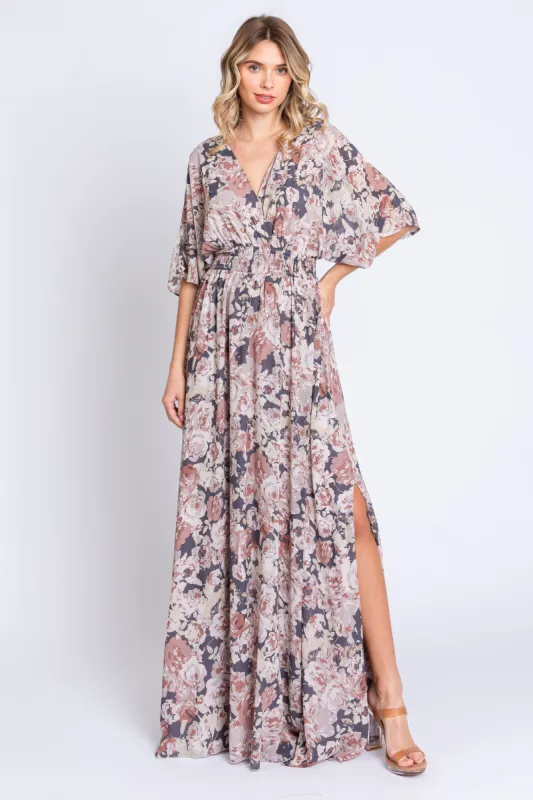 Mauve Floral Wrap Front V-Neck Smocked Waist Maxi Dress sold by Pinkblush