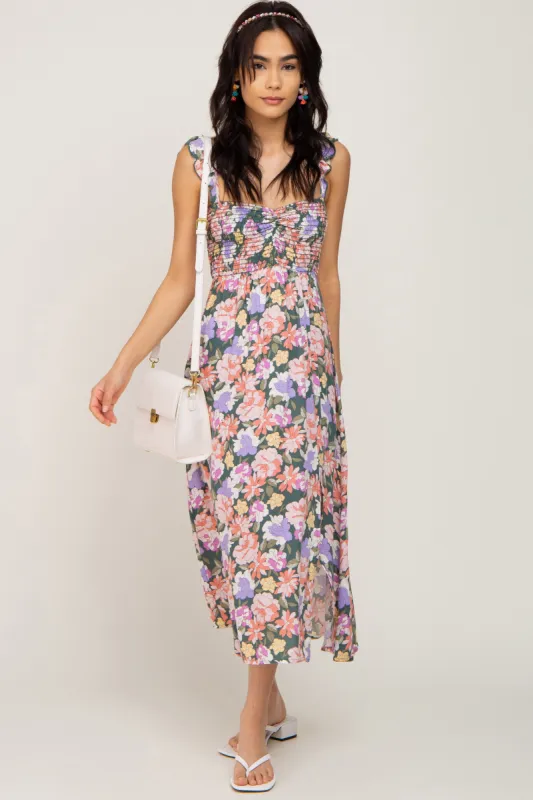 Forest Green Multi-Colored Floral Smocked Midi Dress sold by Pinkblush