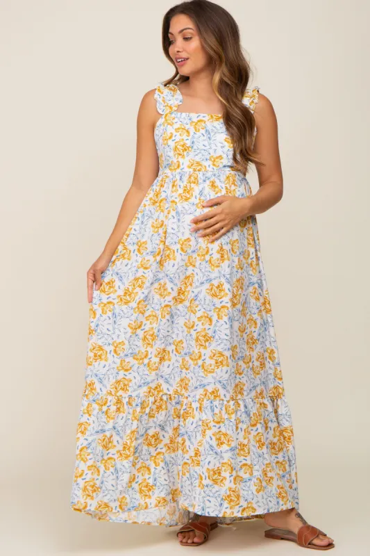 Ivory Floral Sleeveless Ruffle Maternity Maxi Dress sold by Pinkblush
