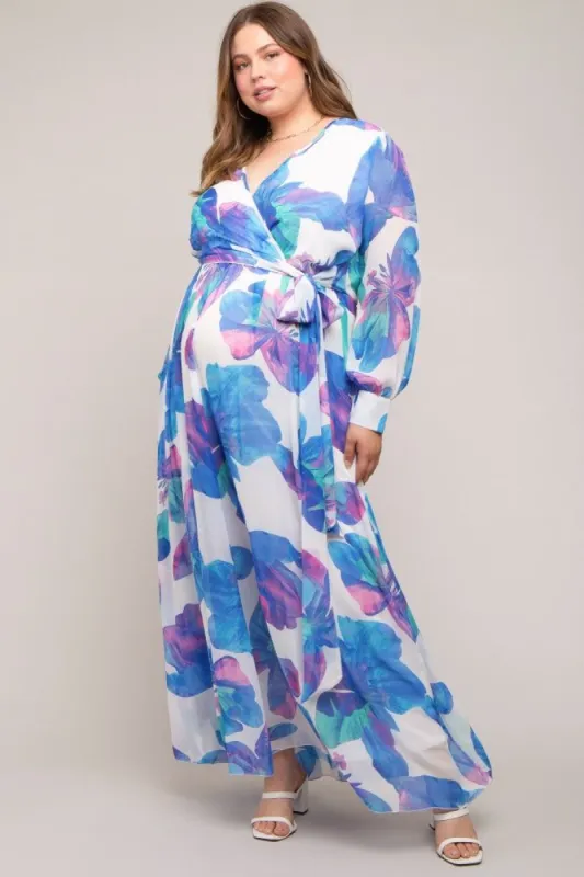 Blue Floral Chiffon Maternity Plus Maxi Dress sold by Pinkblush