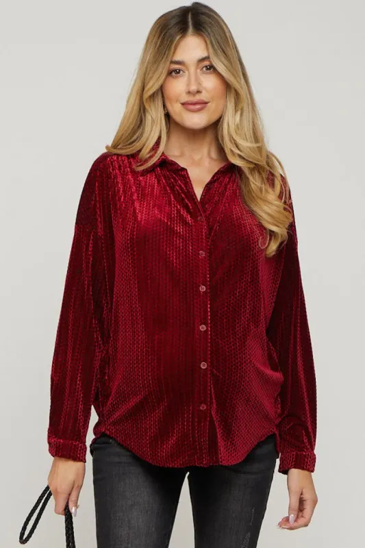 Burgundy Velvet Button Front Maternity Blouse sold by Pinkblush