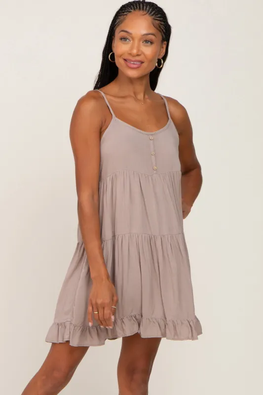 Mocha Button Accent Tiered Mini Dress sold by Pinkblush