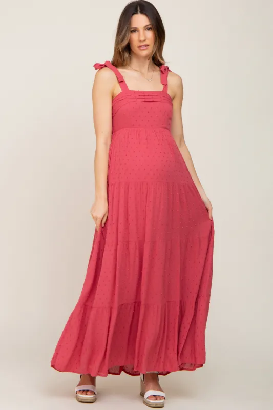 Mauve Textured Dot Square Neck Tie Strap Maternity Maxi Dress sold by Pinkblush
