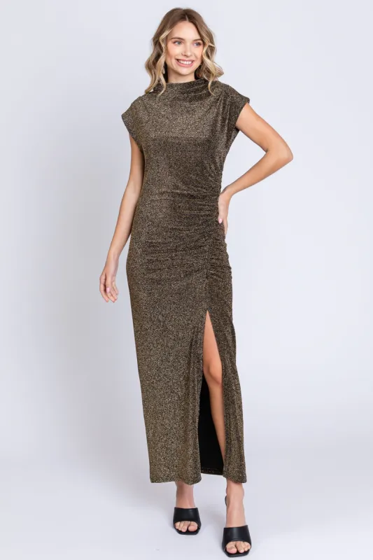 Gold Glitter Mock Neck Midi Dress sold by Pinkblush