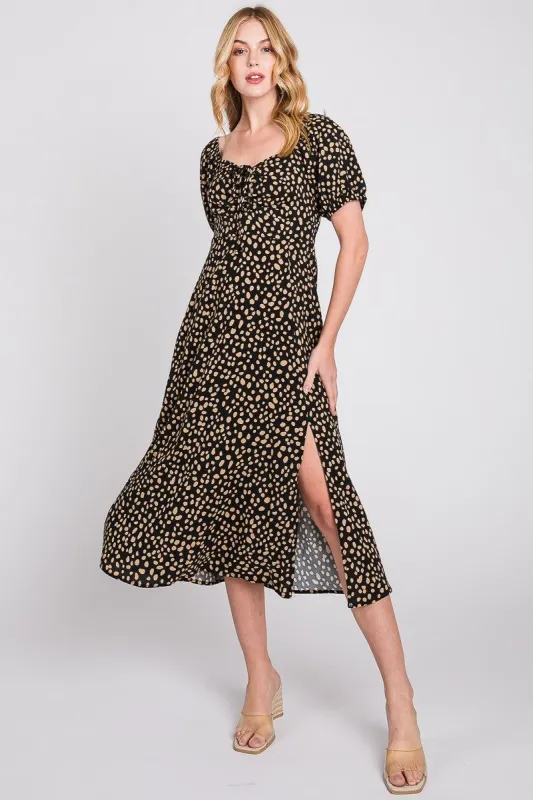 Black Khaki Print Square Neck Midi Dress sold by Pinkblush