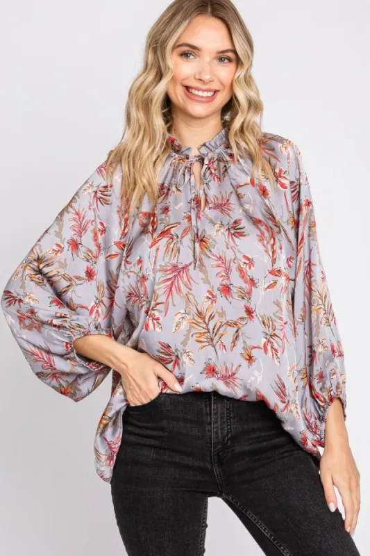 Grey Floral Ruffle Neck Puff 3/4 Sleeve Satin Top sold by Pinkblush