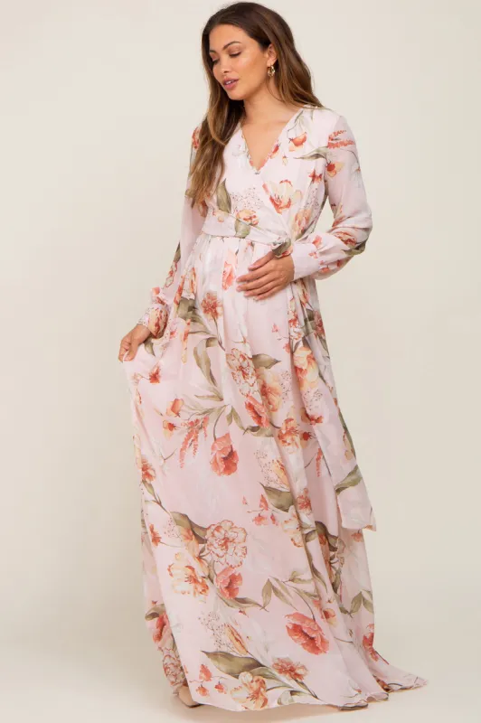 Light Pink Floral Chiffon Long Sleeve Maternity Maxi Dress sold by Pinkblush