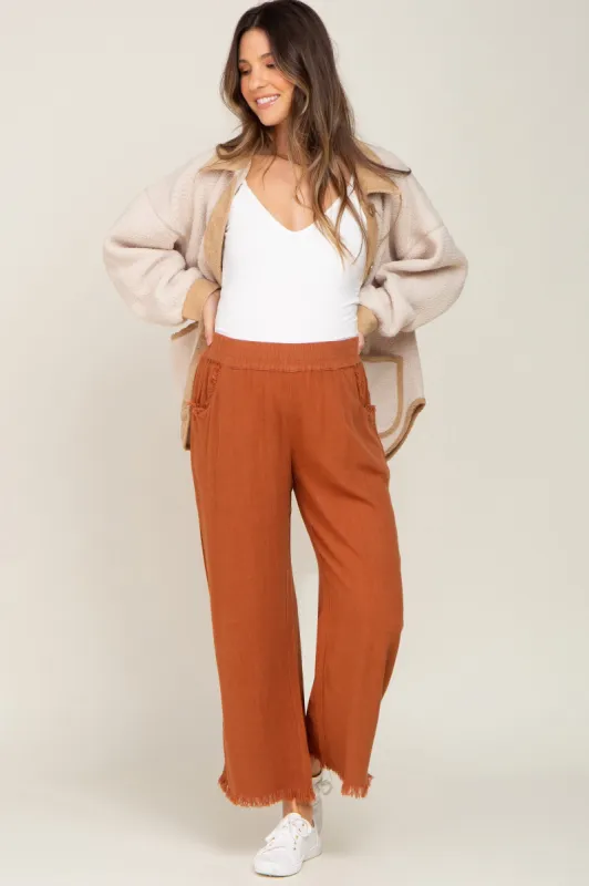 Rust Linen Frayed Hem Crop Maternity Pants sold by Pinkblush