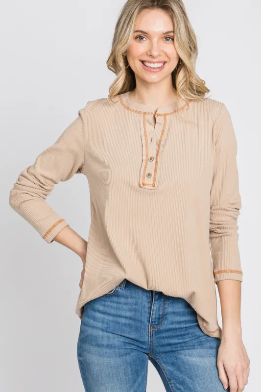 Beige Ribbed Top Stitch Long Sleeve Top sold by Pinkblush