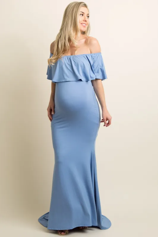 Blue Ruffle Off Shoulder Mermaid Maternity Photoshoot Gown/Dress sold by Pinkblush