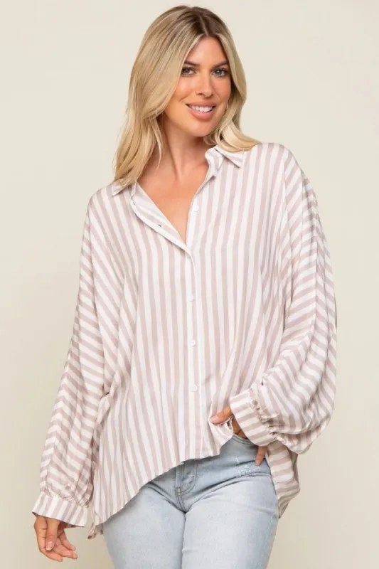 Taupe Striped Button Up Dolman Sleeve Top sold by Pinkblush