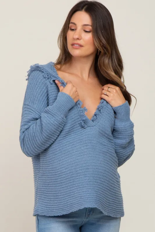 Blue Fringe Trim Rib Knit Maternity Hoodie sold by Pinkblush
