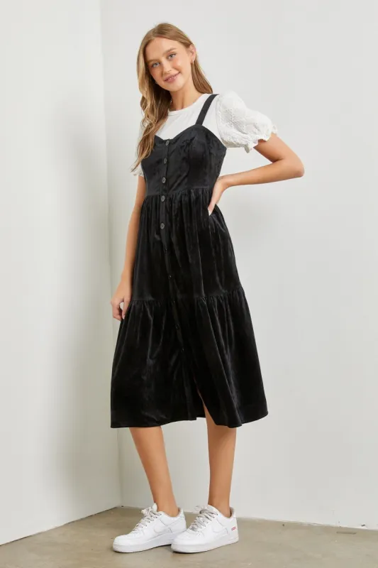 Black Velvet Ruffled Midi Dress sold by Pinkblush