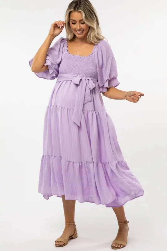 Lavender Smocked Tiered Maternity Dress sold by Pinkblush