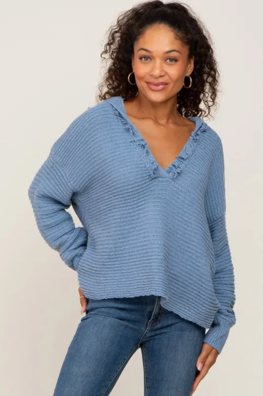 Blue Fringe Trim Rib Knit Hoodie sold by Pinkblush