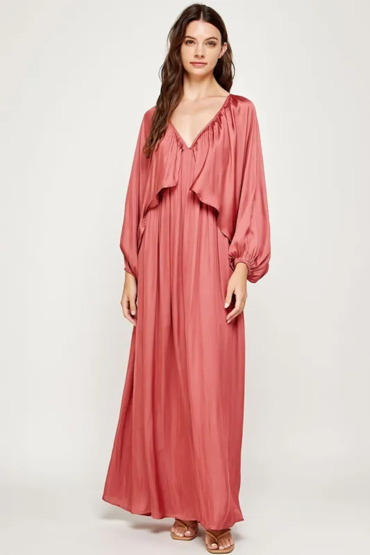Rust Rose Shirred Satin Balloon Sleeve Maxi Dress sold by Pinkblush