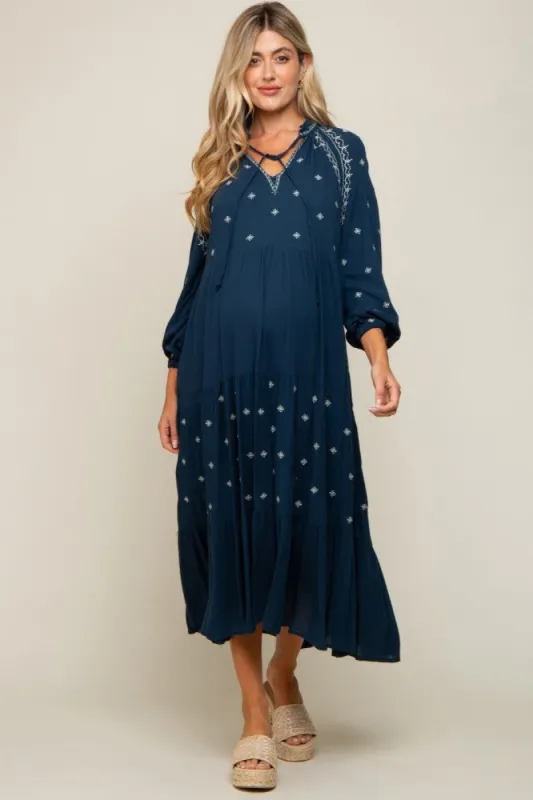 Dark Teal Ruffle Mock Neck Embroidered Tiered Maternity Maxi Dress sold by Pinkblush