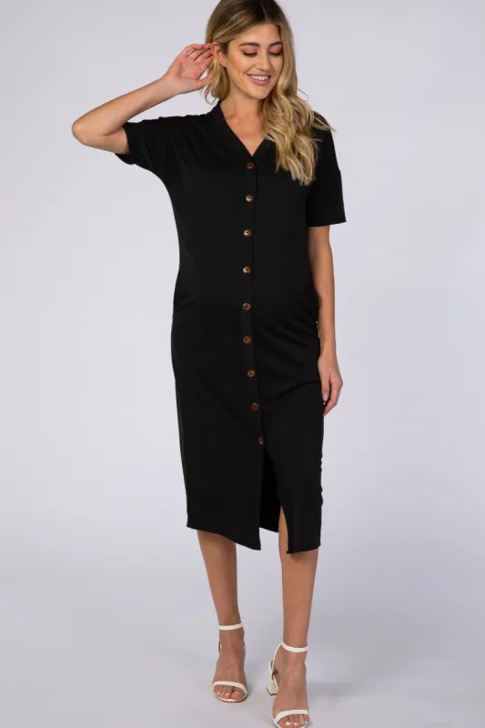 Black Short Sleeve V-Neck Button Detail Maternity Midi Dress sold by Pinkblush
