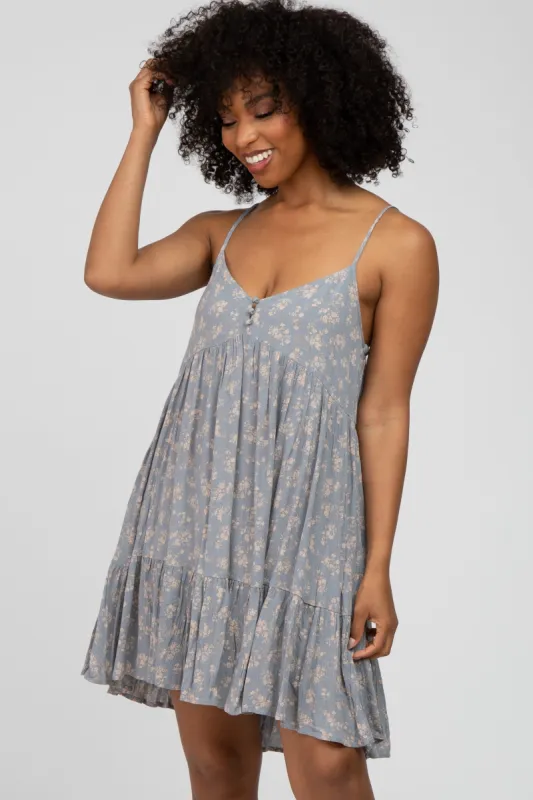 Blue Floral Button Front Ruffle Hem Dress sold by Pinkblush