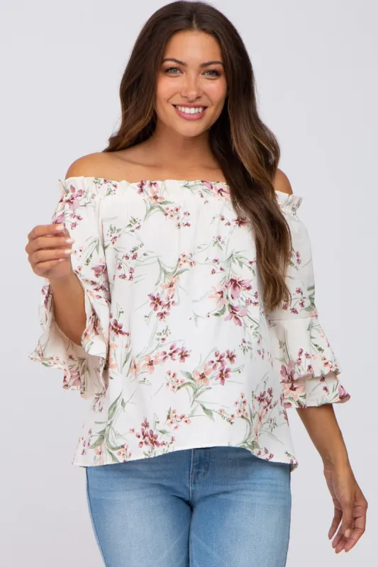 Cream Floral Off Shoulder Maternity Blouse sold by Pinkblush