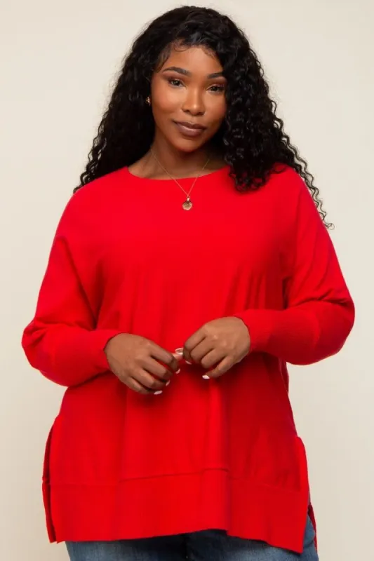 Red Dolman Sleeve Side Slit Plus Sweater sold by Pinkblush