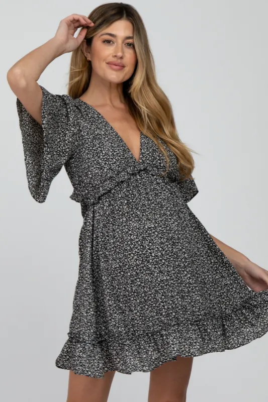 Black Floral Ruffle Accent Cutout Maternity Dress sold by Pinkblush