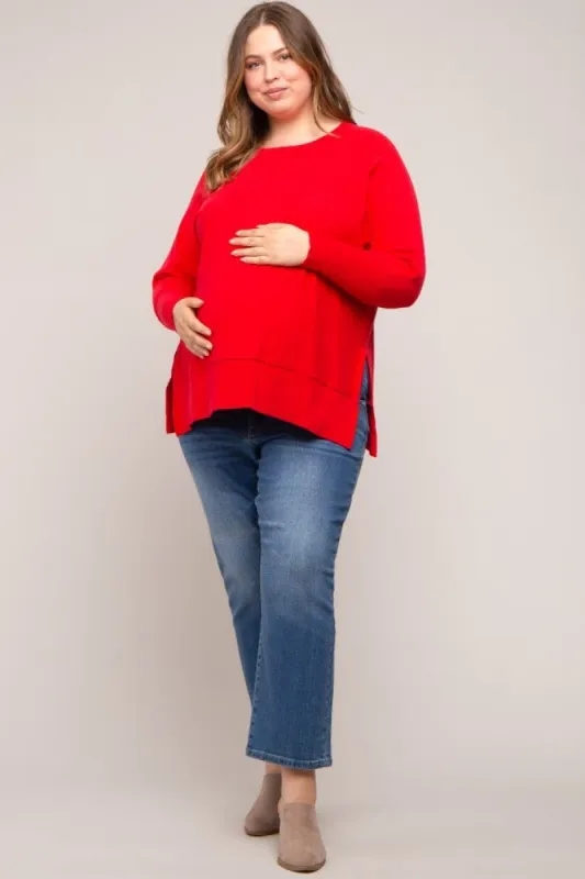 Red Dolman Sleeve Side Slit Maternity Plus Sweater sold by Pinkblush